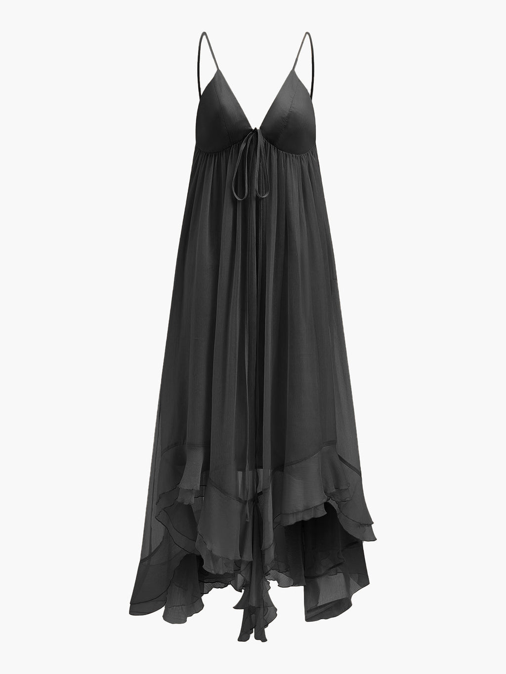 Chiffon Maxi Dress with Sheer Layered Panels and Long Sleeves, Crew Neck