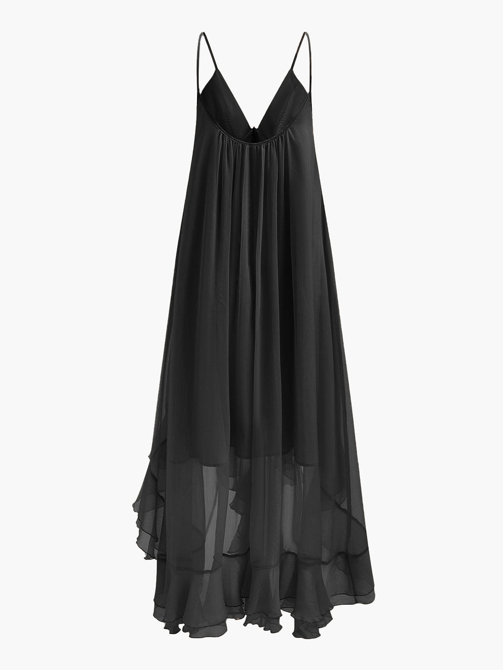 Chiffon Maxi Dress with Sheer Layered Panels and Long Sleeves, Crew Neck