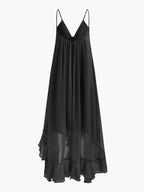 Chiffon Maxi Dress with Sheer Layered Panels and Long Sleeves, Crew Neck