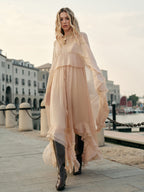 Chiffon Maxi Dress with Sheer Layered Panels and Long Sleeves, Crew Neck