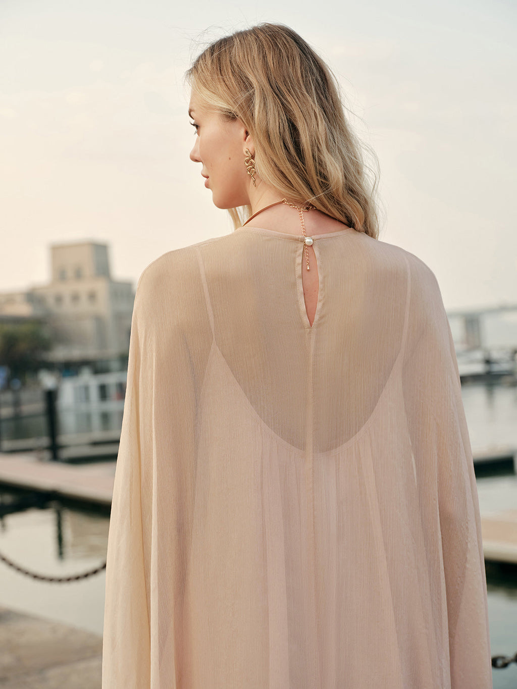 Chiffon Maxi Dress with Sheer Layered Panels and Long Sleeves, Crew Neck