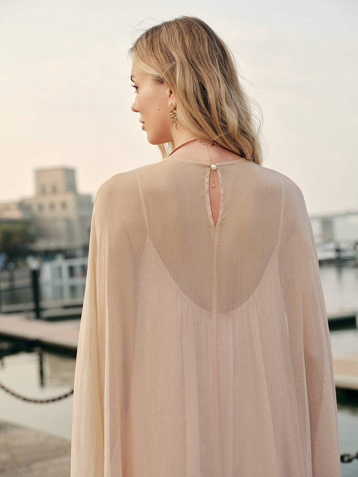 Chiffon Maxi Dress with Sheer Layered Panels and Long Sleeves, Crew Neck