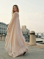 Chiffon Maxi Dress with Sheer Layered Panels and Long Sleeves, Crew Neck