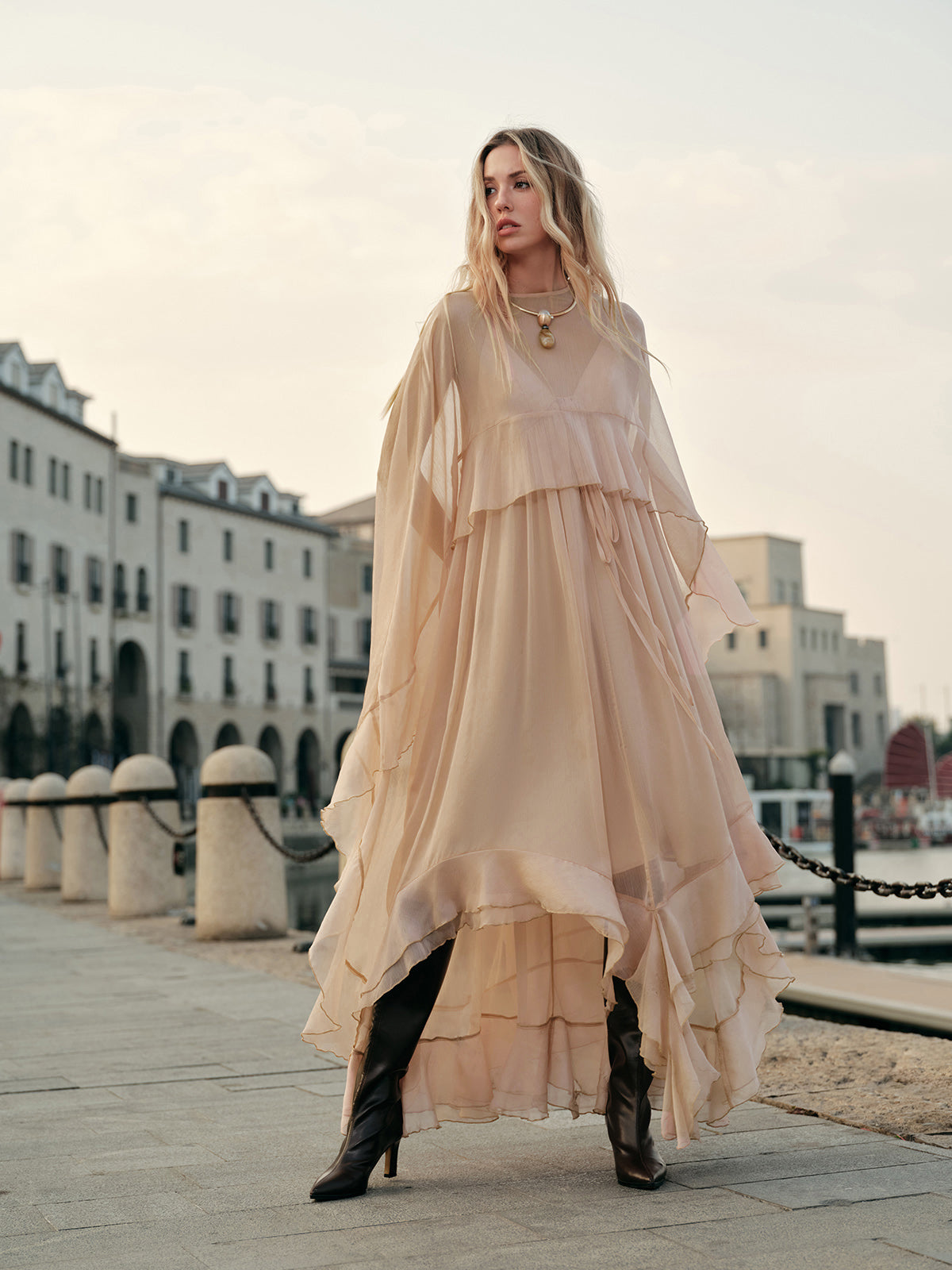 Chiffon Maxi Dress with Sheer Layered Panels and Long Sleeves, Crew Neck