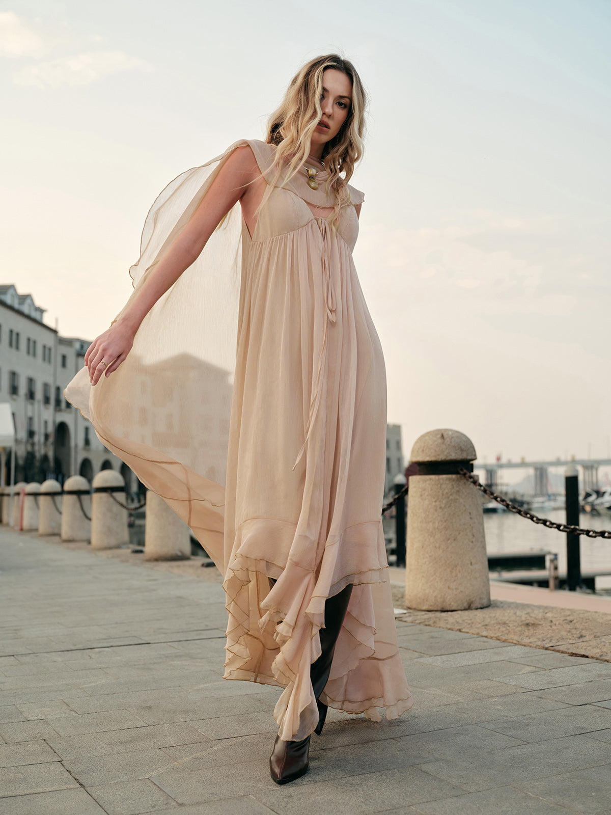 Chiffon Maxi Dress with Sheer Layered Panels and Long Sleeves, Crew Neck