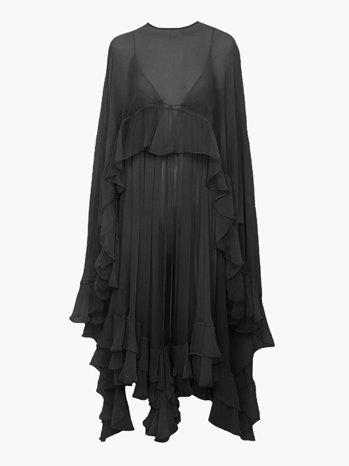 Chiffon Maxi Dress with Sheer Layered Panels and Long Sleeves, Crew Neck