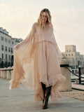 Chiffon Maxi Dress with Sheer Layered Panels and Long Sleeves, Crew Neck