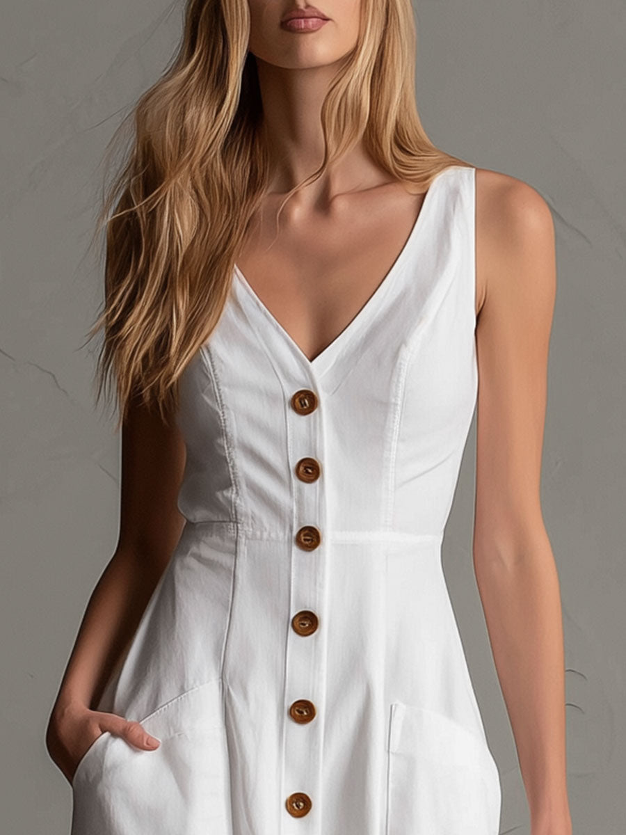 Cotton Linen Midi Dress with Button-Front and V-Neck, Sleeveless Side Pockets