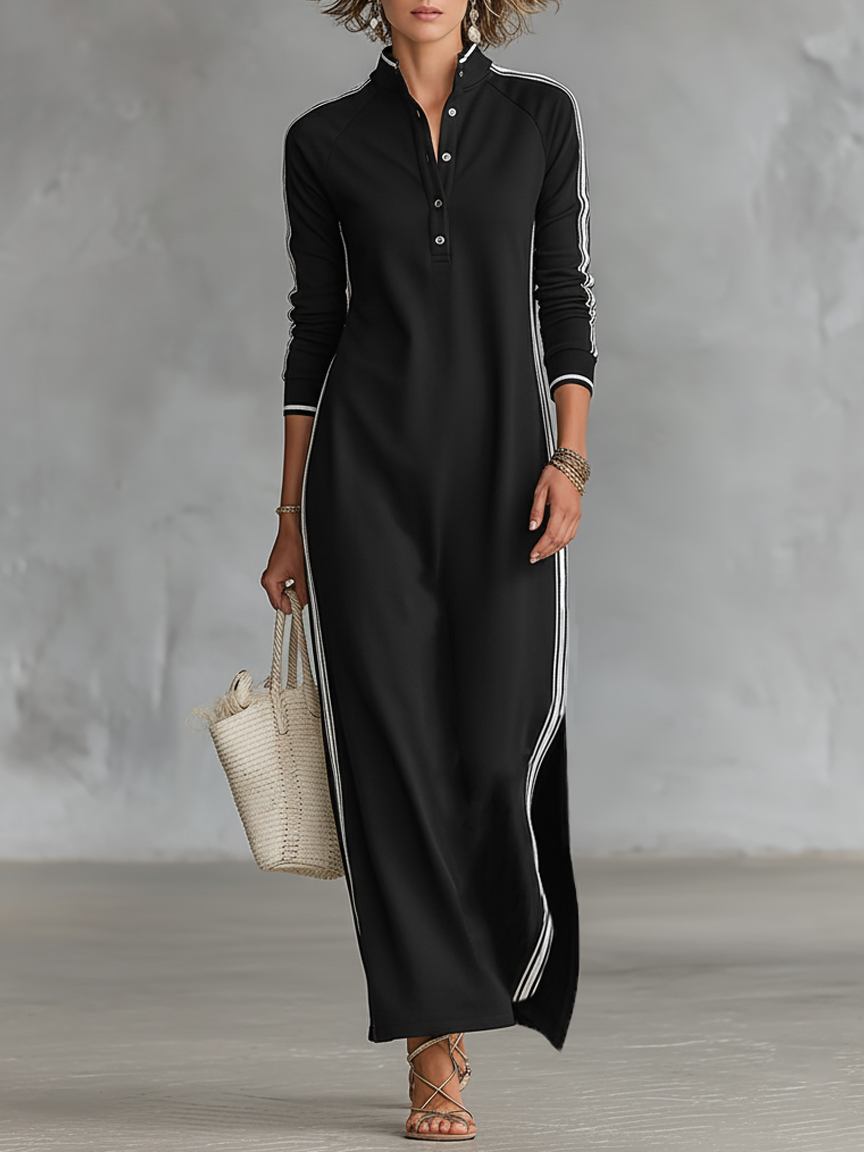 Sweatshirt Maxi Dress with Button-Down Collar and White Trim, Relaxed Fit