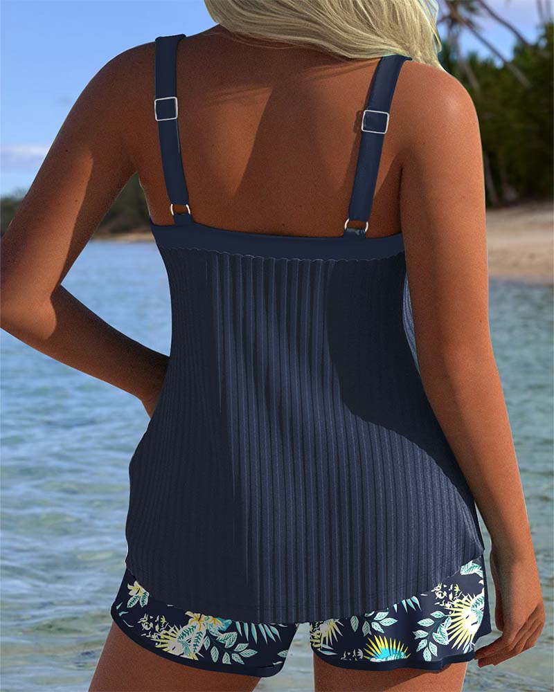 Ribbed Swim Set with Adjustable Front Tie and Quick Drying Fabric