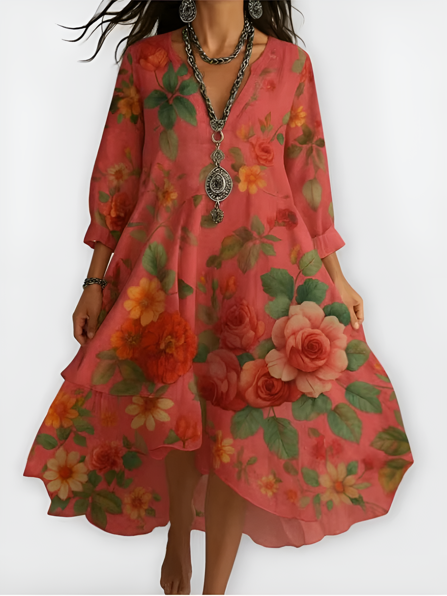 Floral Maxi Dress with V-Neck and Knee-Length Hem, Long Sleeves