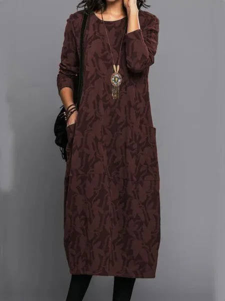 Midi Dress with Side Pockets and Long Sleeves, Cotton Blend Floral Mid Calf