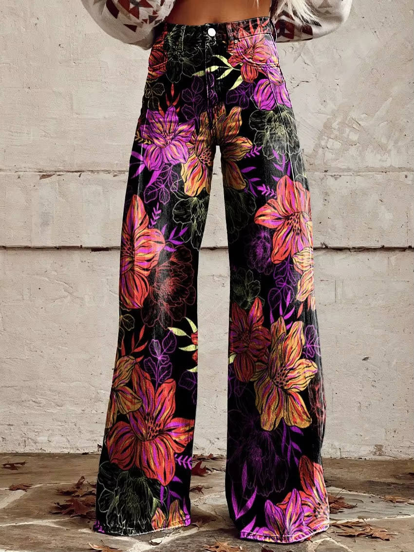 Women's Floral Pants with High Rise Waist and Flared Wide Leg, Cotton Blend