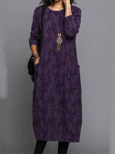 Midi Dress with Side Pockets and Long Sleeves, Cotton Blend Floral Mid Calf
