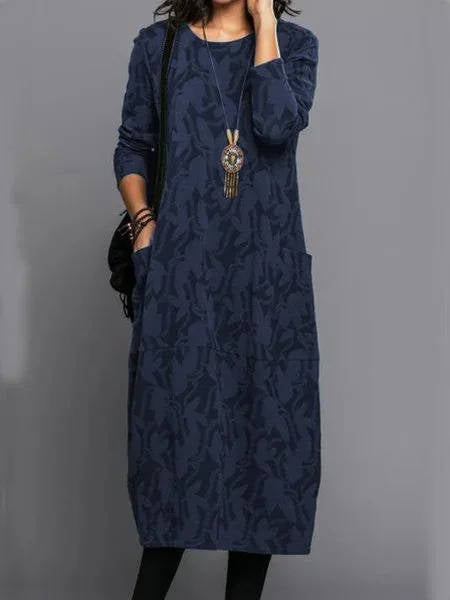Midi Dress with Side Pockets and Long Sleeves, Cotton Blend Floral Mid Calf