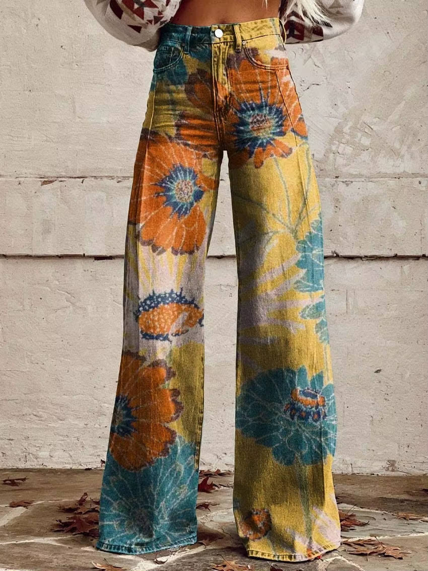 Women's Floral Pants with High Rise Waist and Flared Wide Leg, Cotton Blend