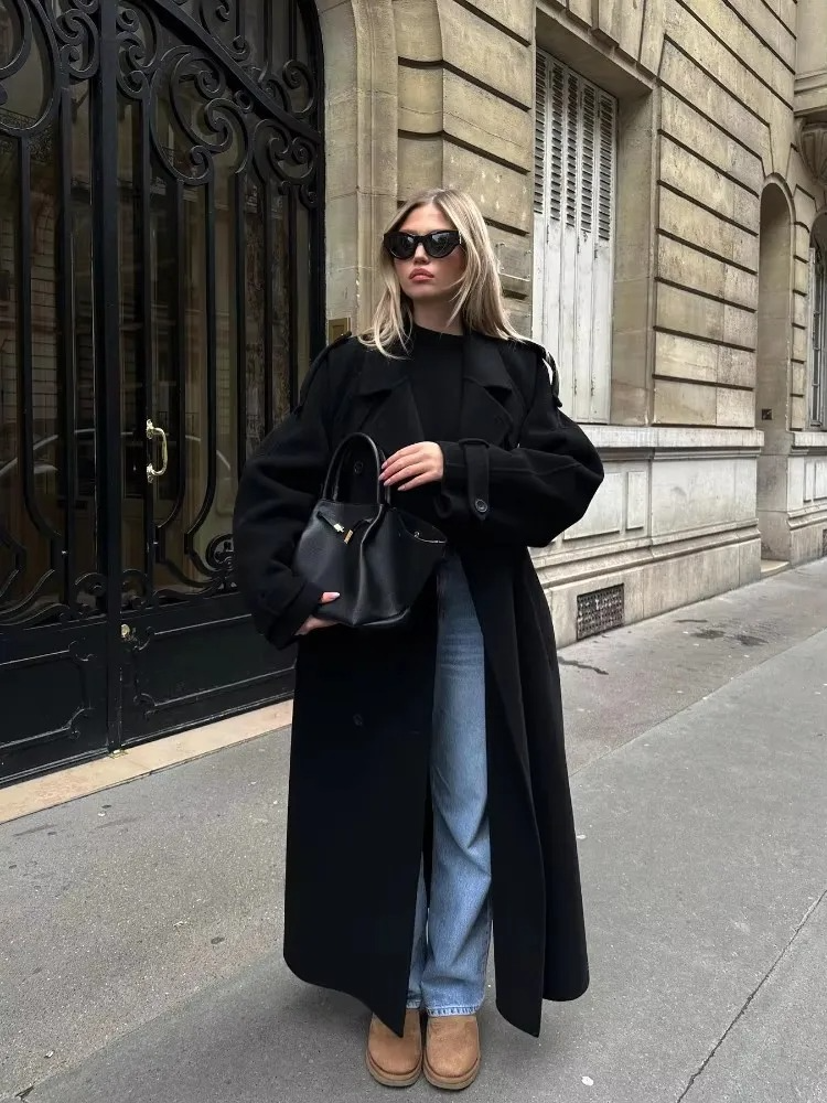 Women's Wool-Blend Coat with Detachable Belt and Deep Pockets, Knee-Length Oversized