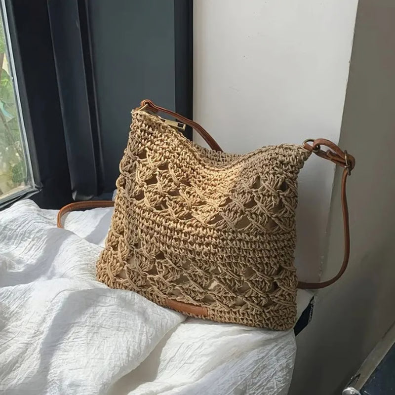 Handwoven Straw Crossbody Beach Bag – Hollow-Out Summer Woven Shoulder Purse, Lightweight Vacation Tote for Women