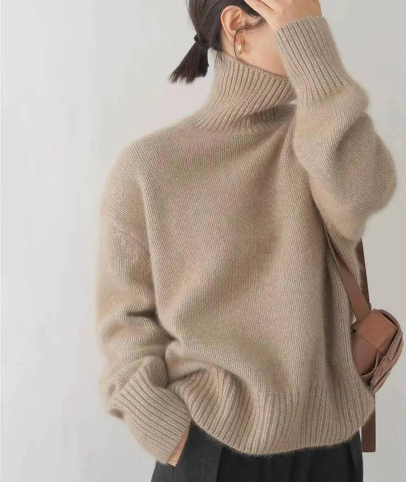 Cashmere Turtleneck Sweater with Lightweight Knit and Loose Layering Fit, Hip-Length Hem