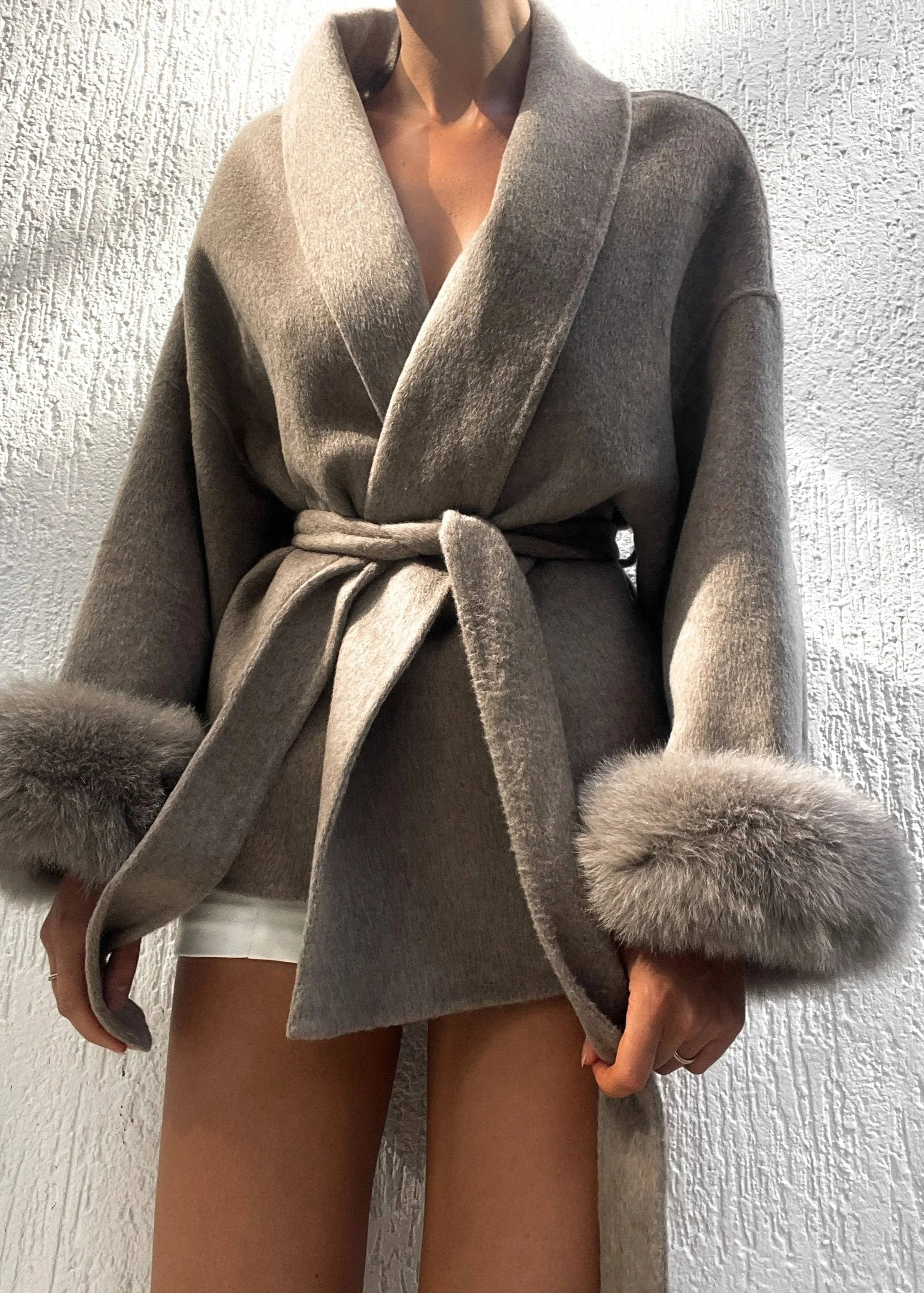 Women's Wool Blend Wrap Coat with Furry Trim and Lace Up Belt