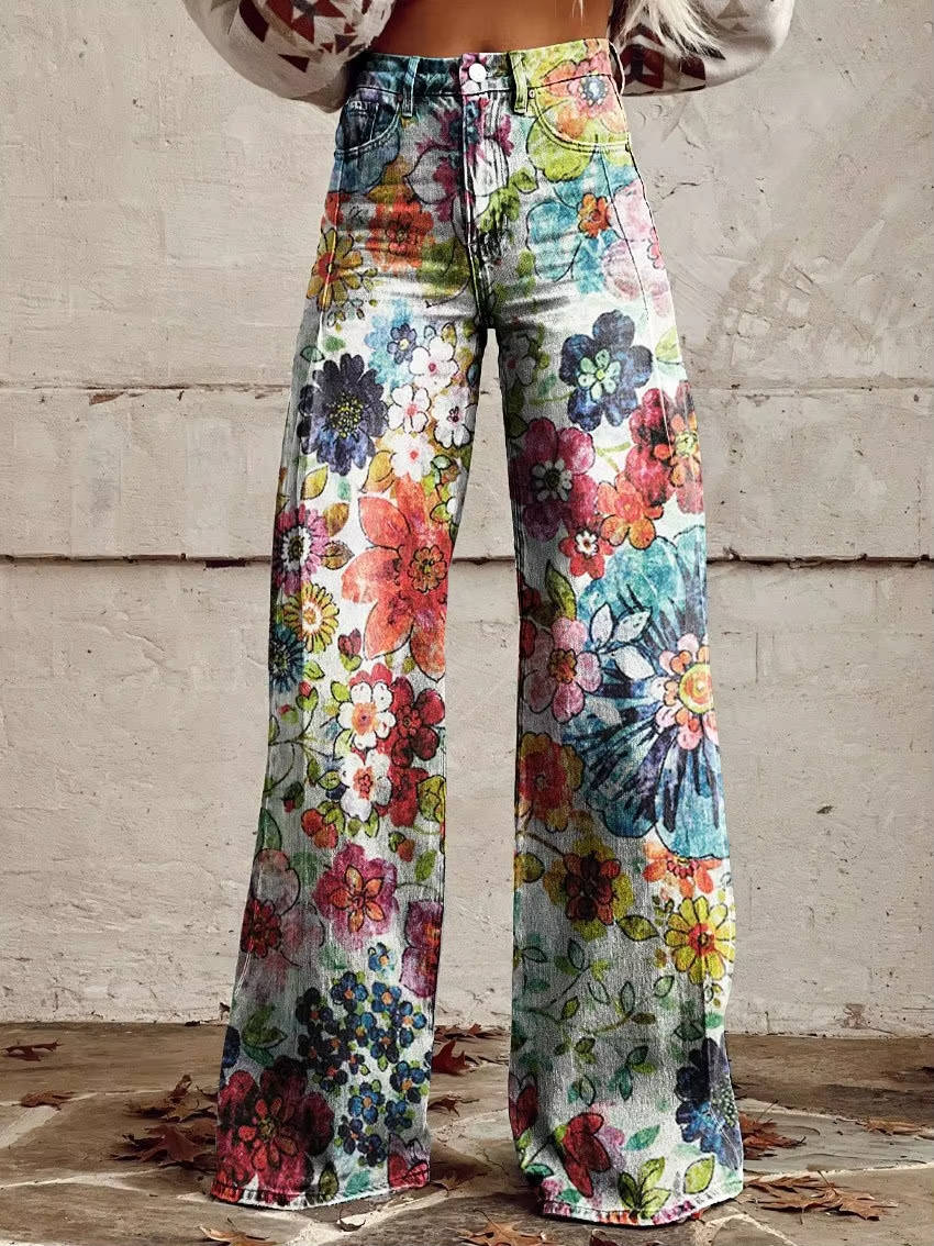 Women's Floral Pants with High Rise Waist and Flared Wide Leg, Cotton Blend
