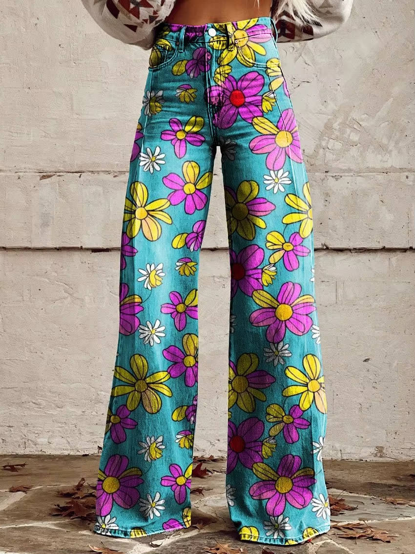 Women's Floral Pants with High Rise Waist and Flared Wide Leg, Cotton Blend