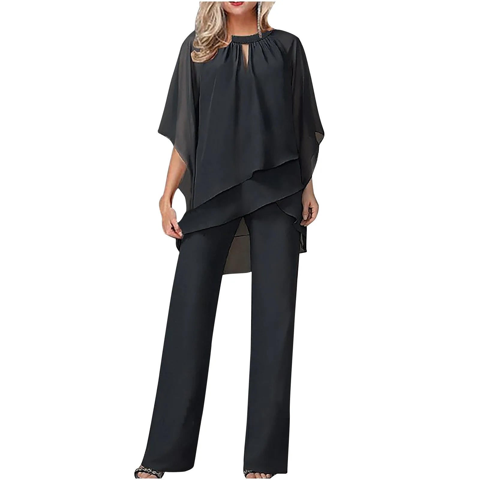 Chiffon Pantsuit for Women with Batwing Sleeves and Elastic Waist, Hidden Pockets