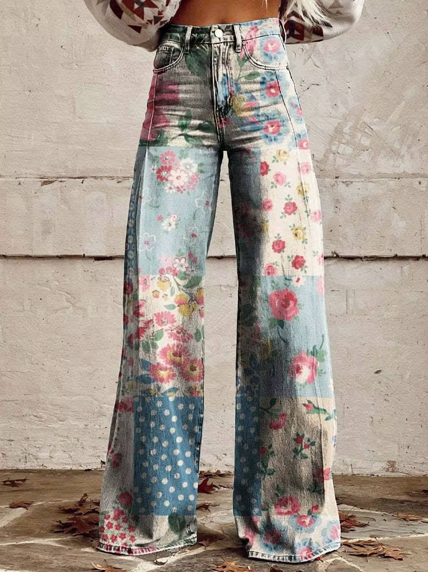 Women's Floral Pants with High Rise Waist and Flared Wide Leg, Cotton Blend