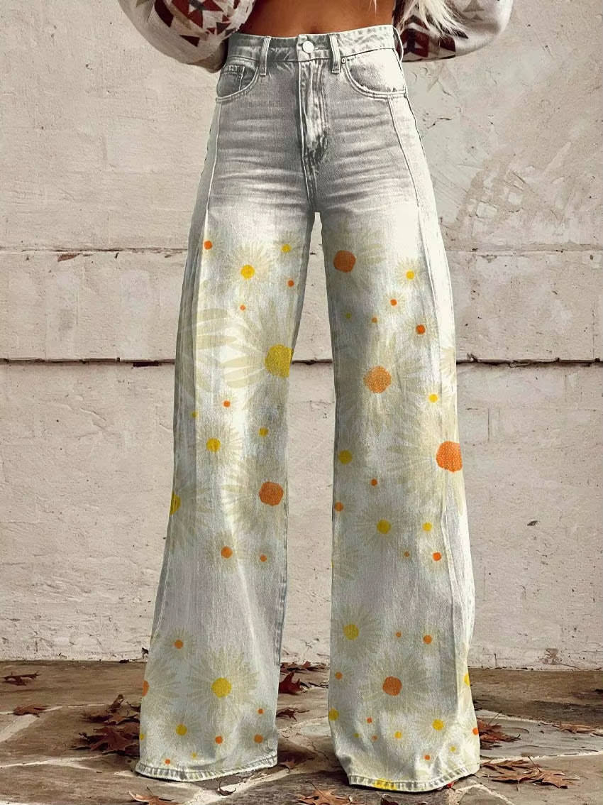 Women's Floral Pants with High Rise Waist and Flared Wide Leg, Cotton Blend