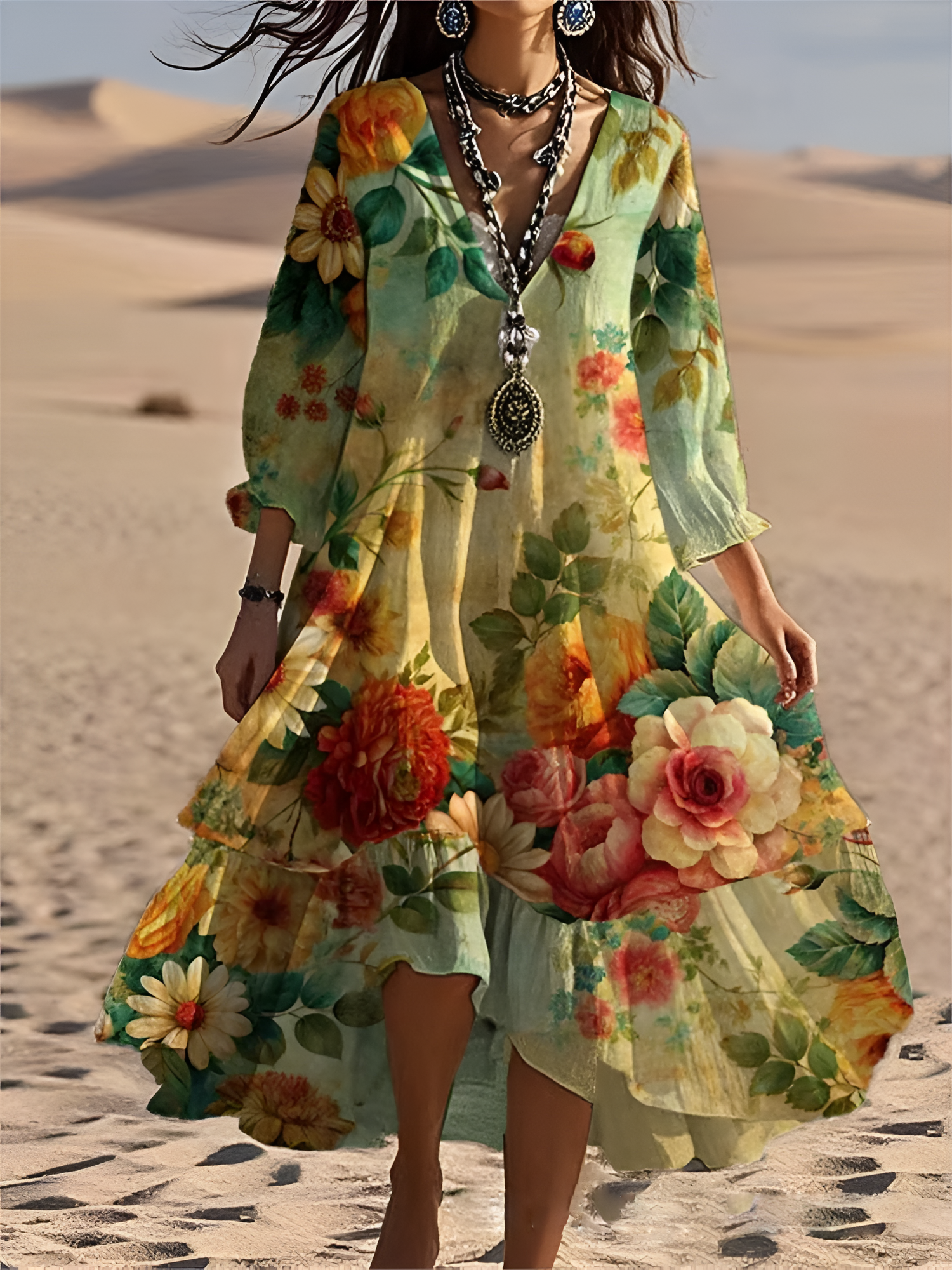 Floral Maxi Dress with V-Neck and Knee-Length Hem, Long Sleeves