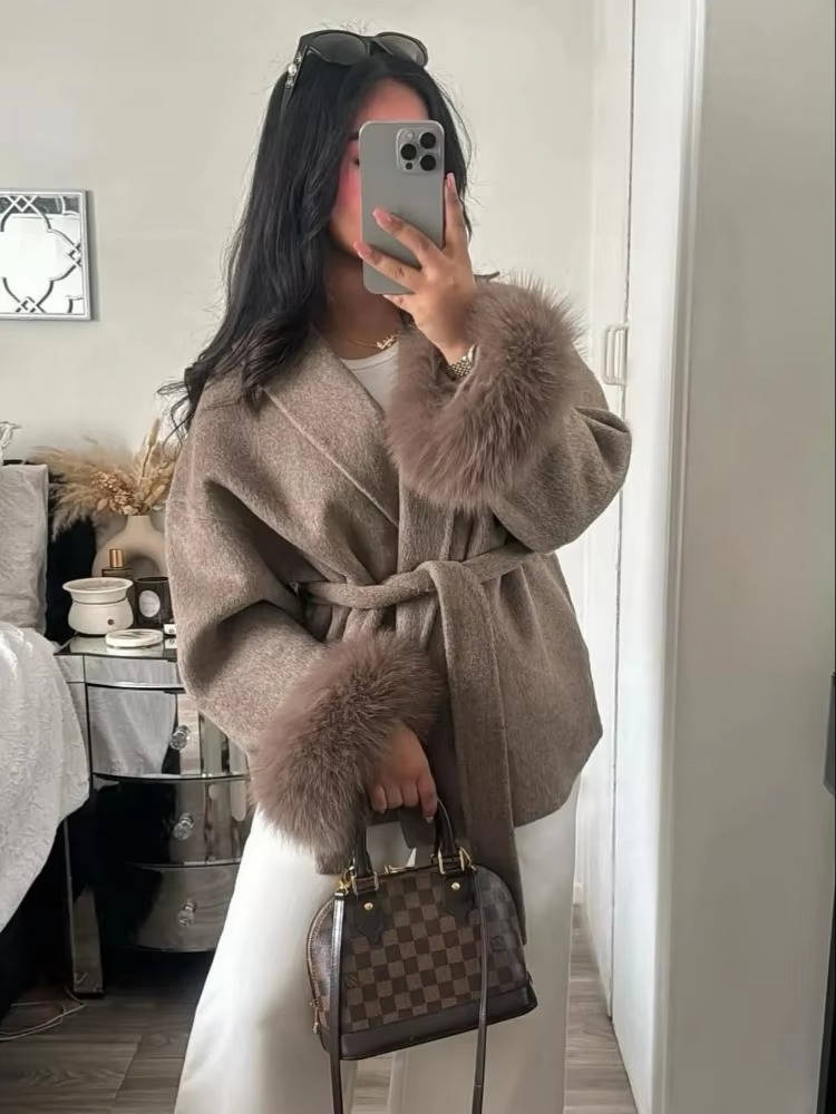 Women's Wool Blend Wrap Coat with Furry Trim and Lace Up Belt