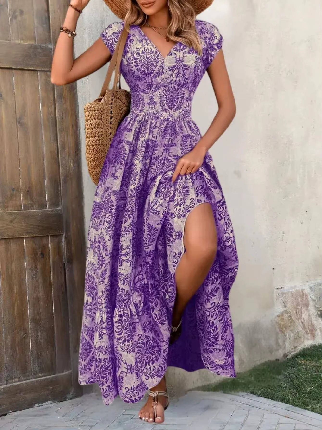 Smocked Maxi Dress with V Neck and Tiered A-Line Skirt, Cap Sleeves, All-Over Print