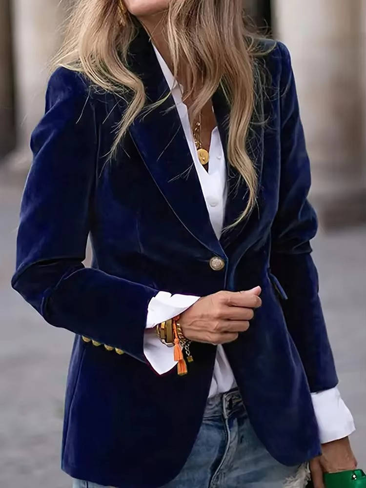 Women's Velvet Blazer with Gold Buttons and Structured Shoulders, Tailored Fit