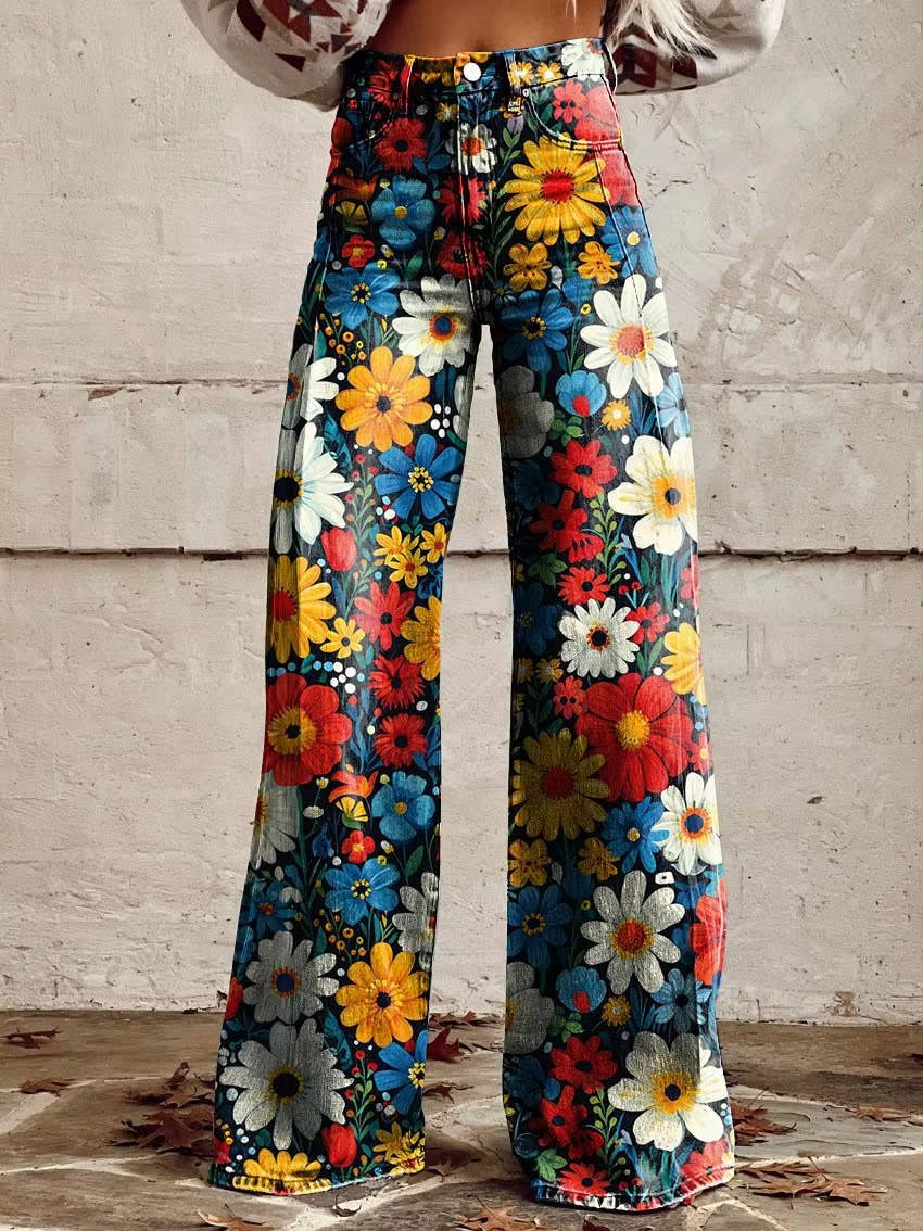 Women's Floral Pants with High Rise Waist and Flared Wide Leg, Cotton Blend