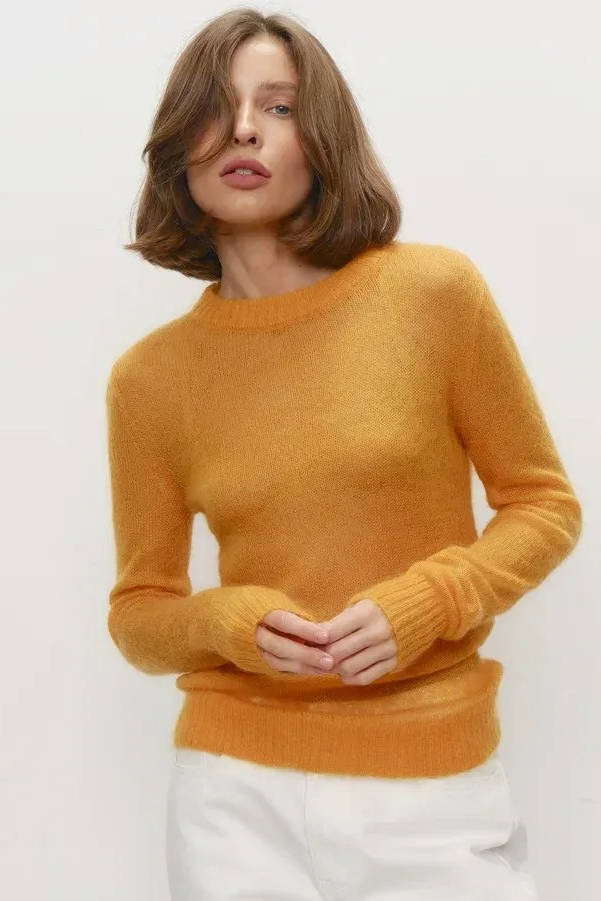 Mohair Sweater with Round Neck and Lightweight Semi-Sheer Knit, Ribbed Hem