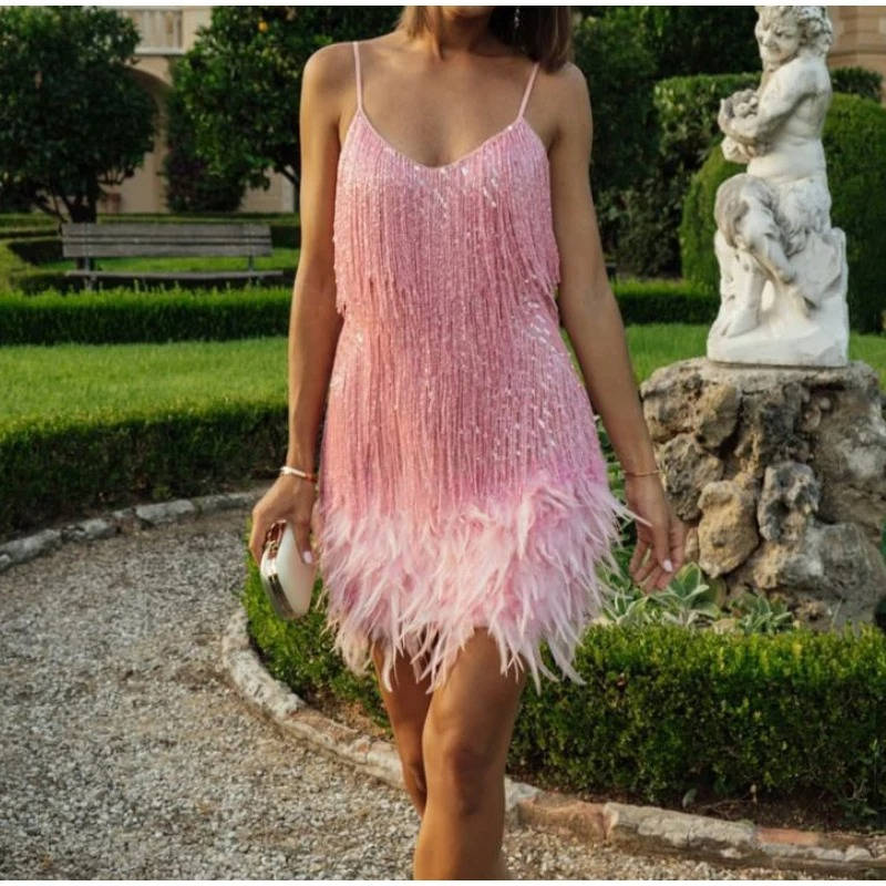 Mini Cocktail Dress with Feather Hem and Sequin Tassels, White Spaghetti Straps