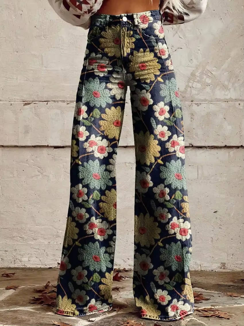 Women's Floral Pants with High Rise Waist and Flared Wide Leg, Cotton Blend