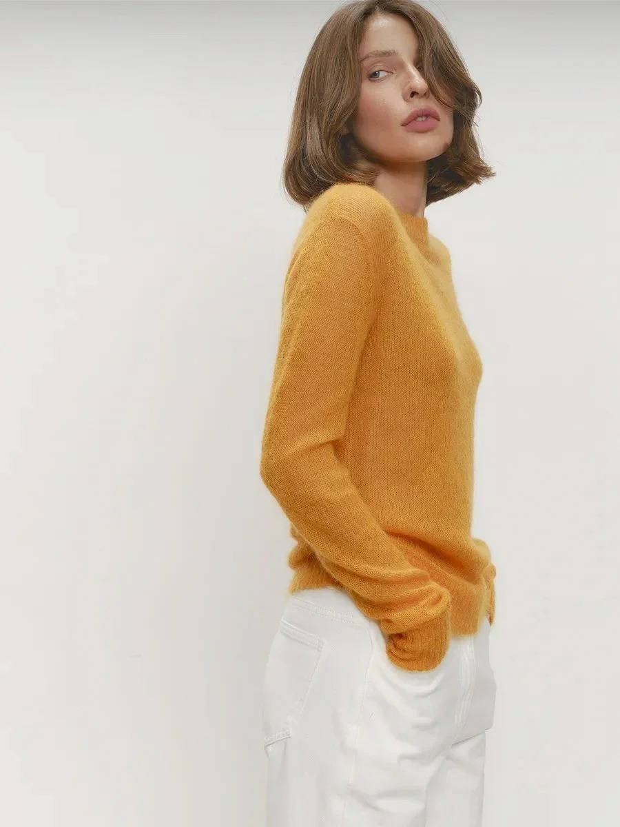 Mohair Sweater with Round Neck and Lightweight Semi-Sheer Knit, Ribbed Hem