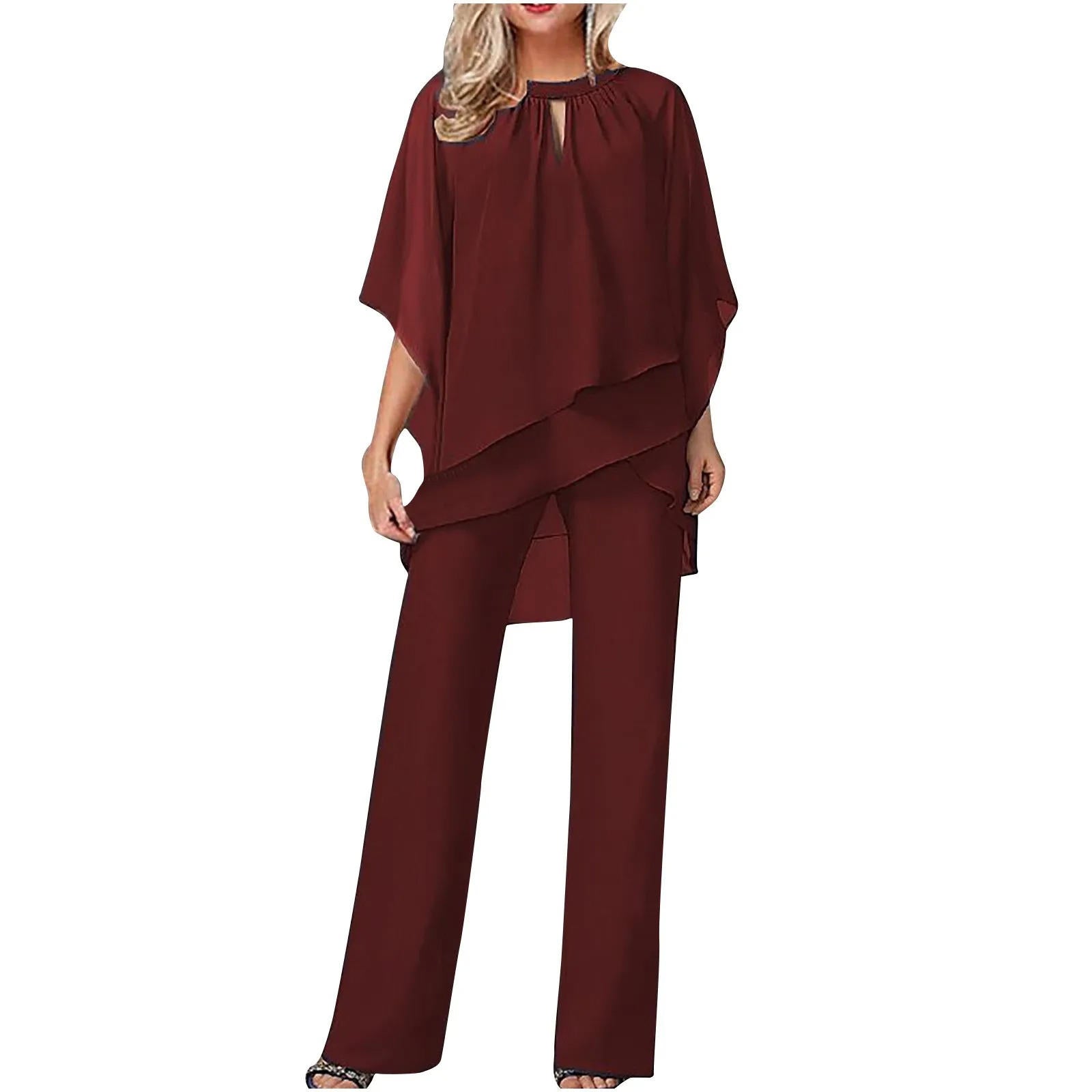 Chiffon Pantsuit for Women with Batwing Sleeves and Elastic Waist, Hidden Pockets