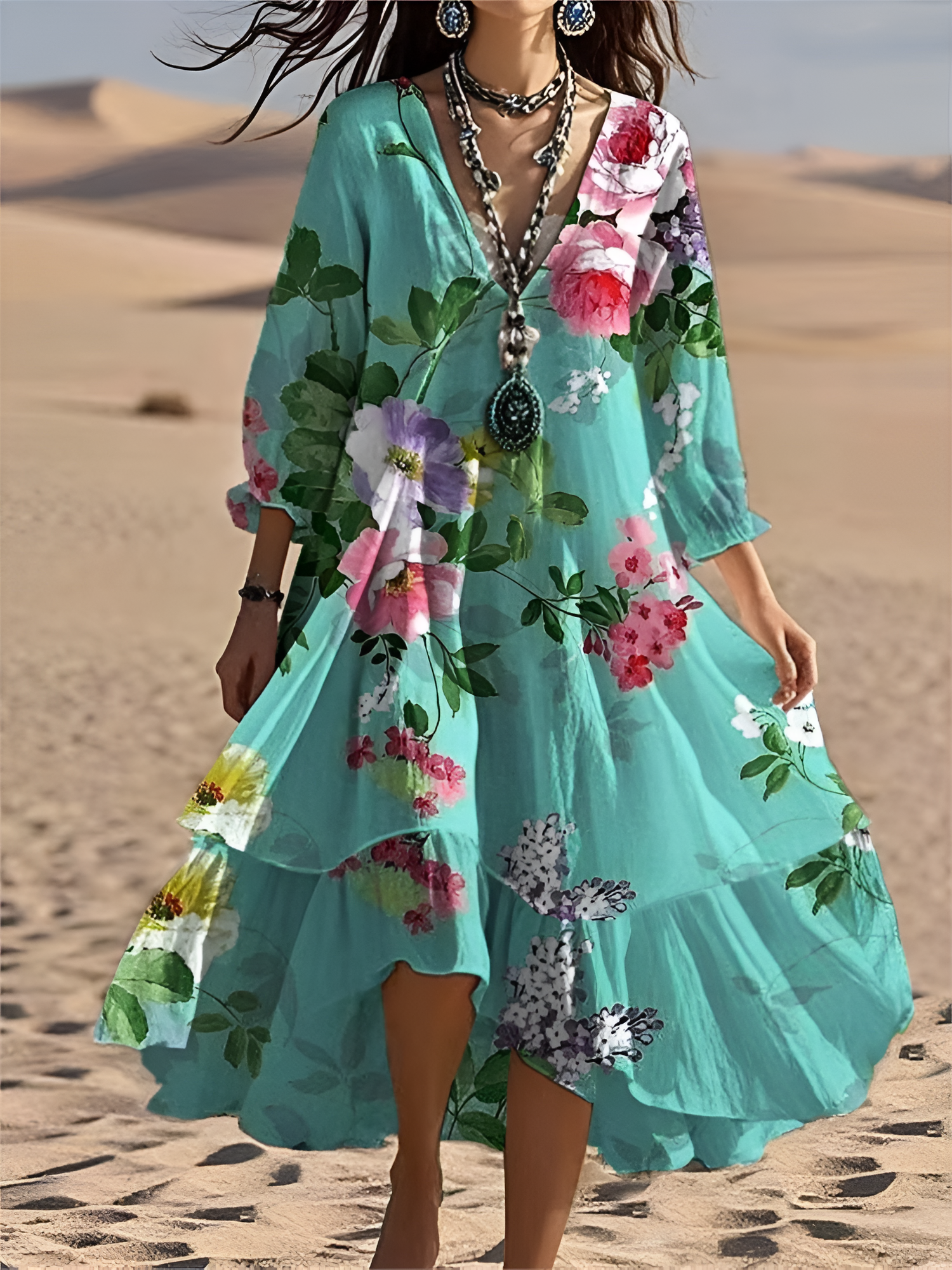 Floral Maxi Dress with V-Neck and Knee-Length Hem, Long Sleeves