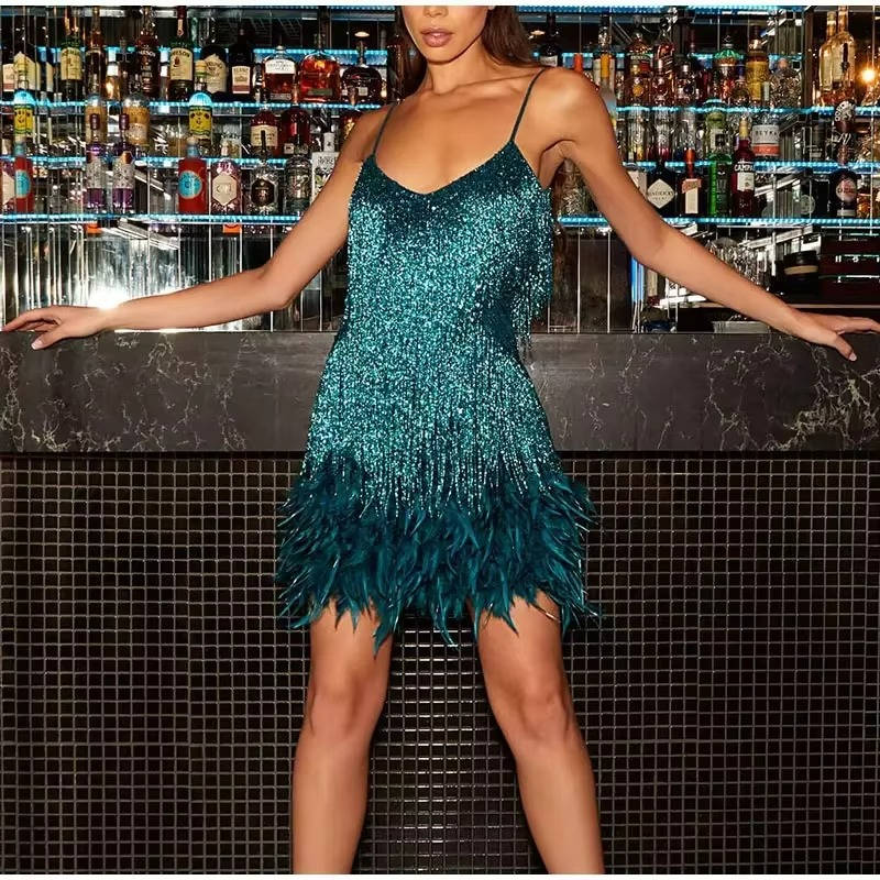 Mini Cocktail Dress with Feather Hem and Sequin Tassels, White Spaghetti Straps