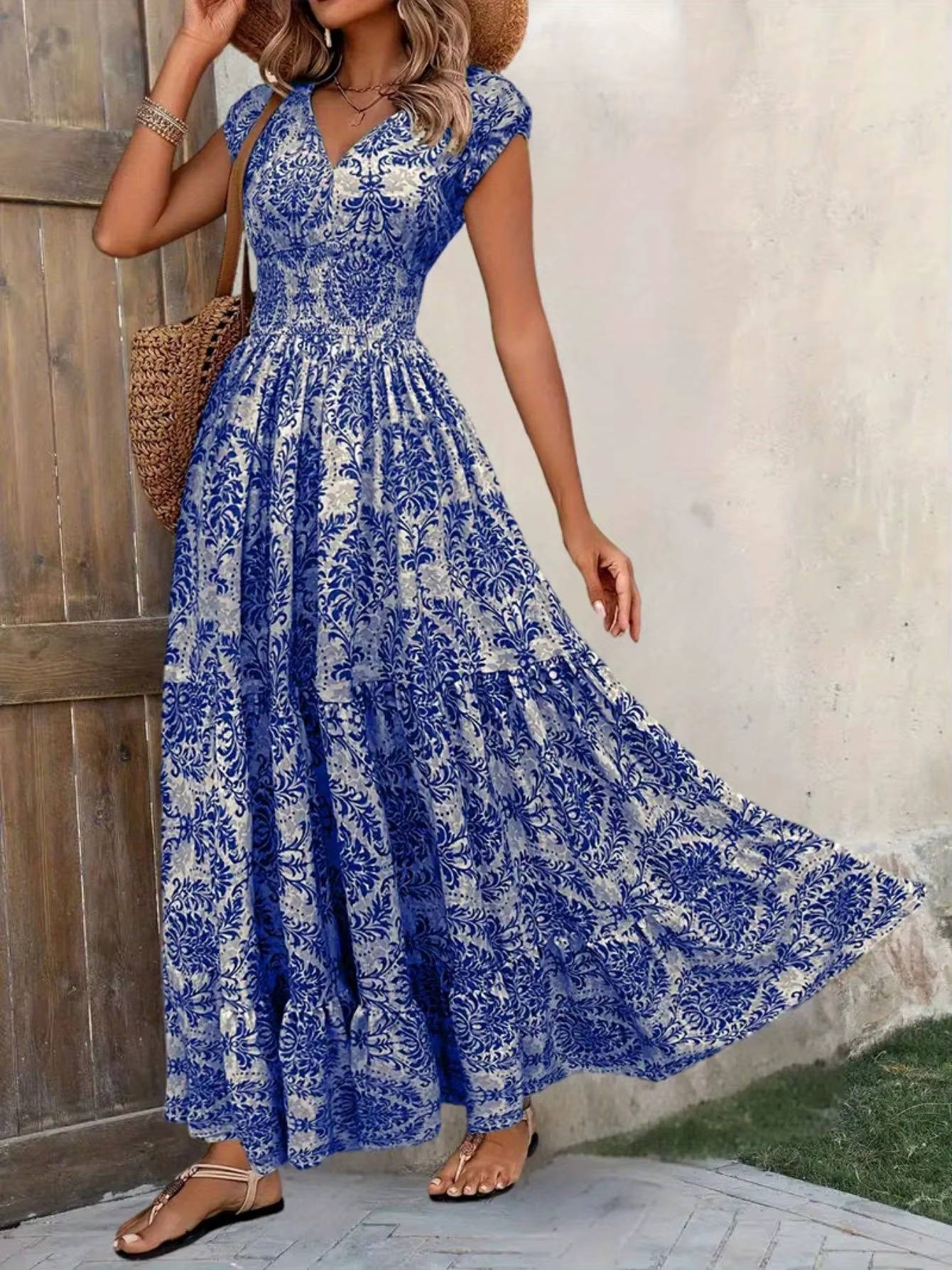Smocked Maxi Dress with V Neck and Tiered A-Line Skirt, Cap Sleeves, All-Over Print