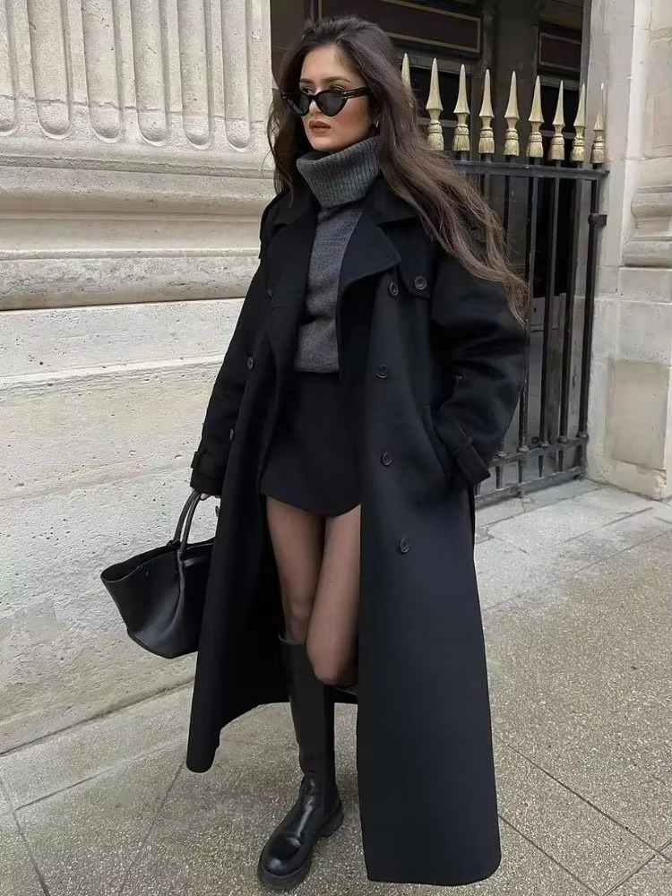 Women's Wool-Blend Coat with Detachable Belt and Deep Pockets, Knee-Length Oversized