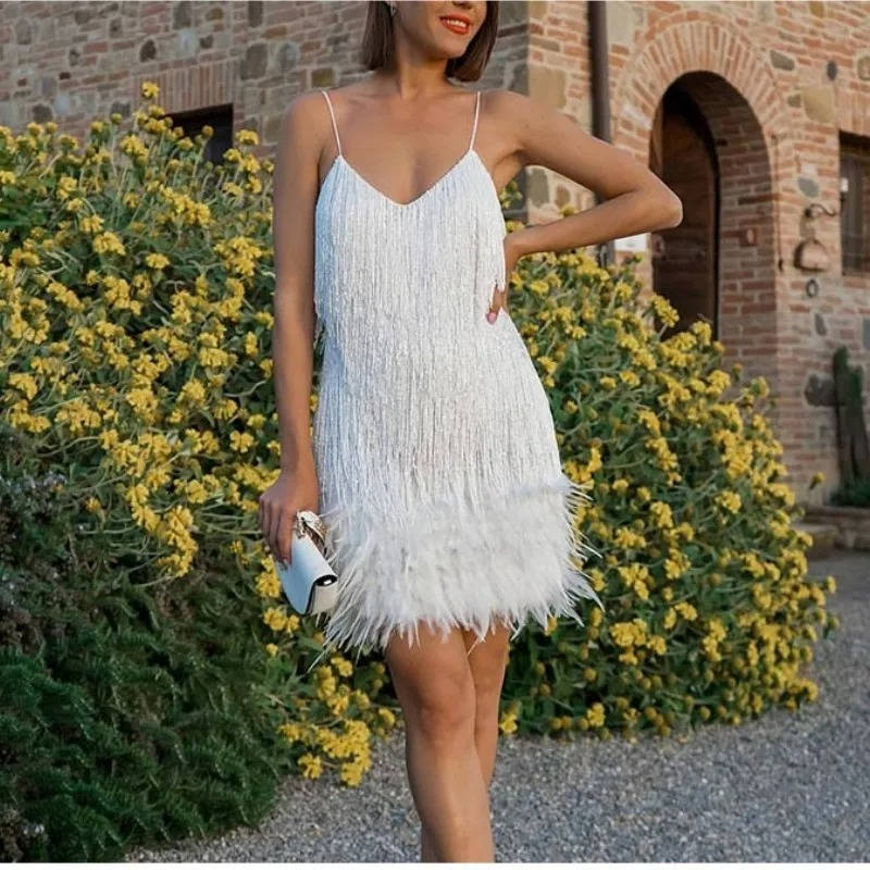 Mini Cocktail Dress with Feather Hem and Sequin Tassels, White Spaghetti Straps