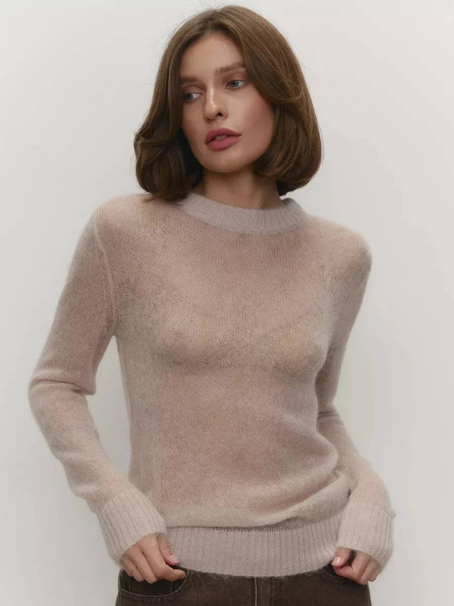 Mohair Sweater with Round Neck and Lightweight Semi-Sheer Knit, Ribbed Hem