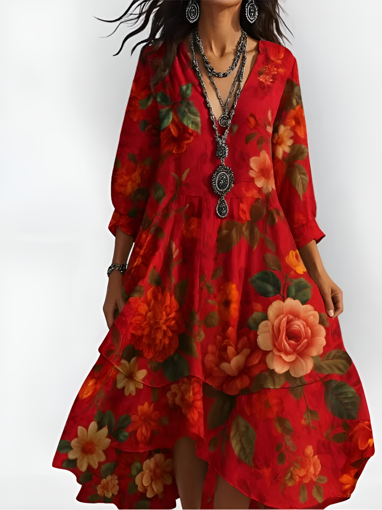 Floral Maxi Dress with V-Neck and Knee-Length Hem, Long Sleeves