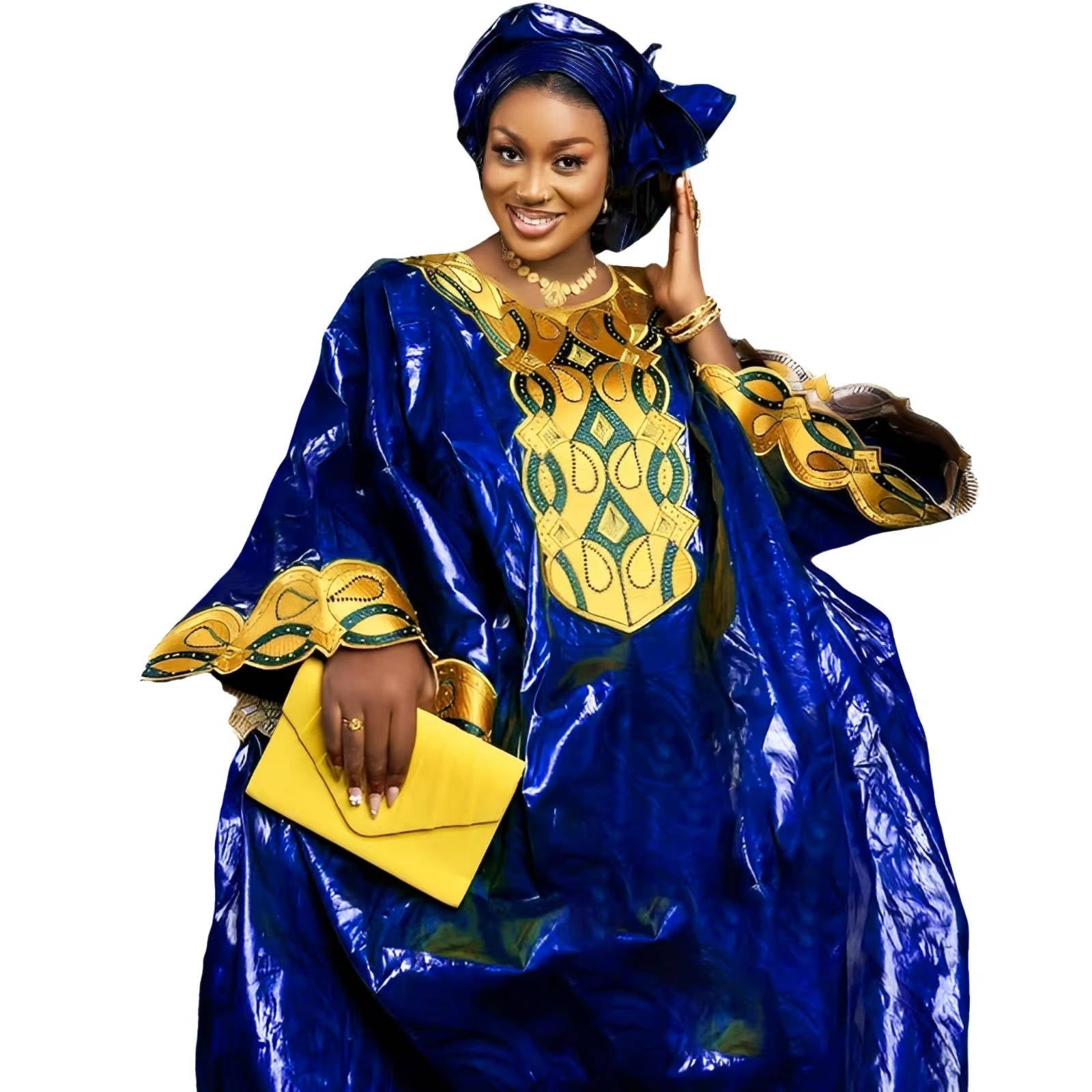 Bazin Riche Dress with Matching Headscarf and Embroidered Trim, Structured Woven Fabric