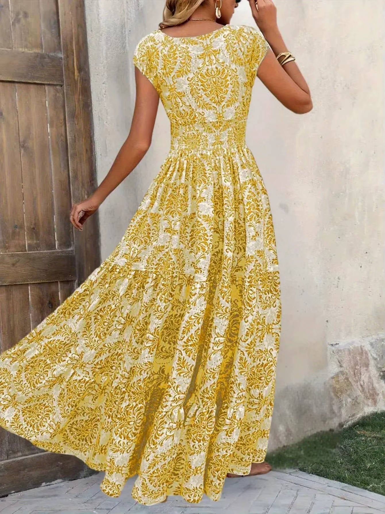 Smocked Maxi Dress with V Neck and Tiered A-Line Skirt, Cap Sleeves, All-Over Print