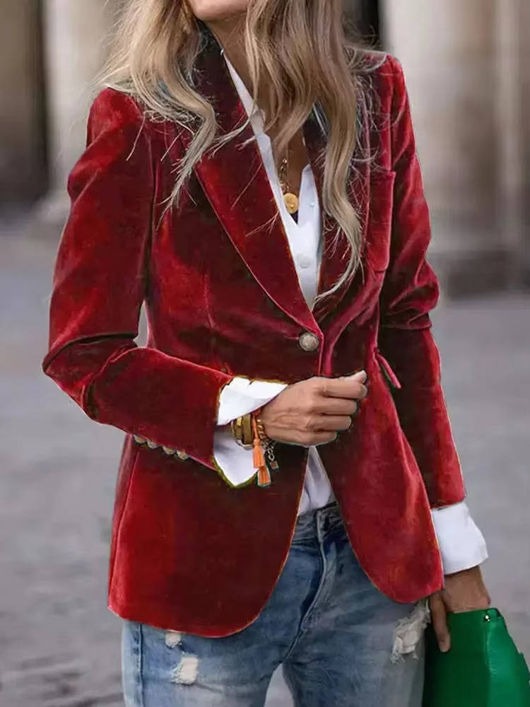 Women's Velvet Blazer with Gold Buttons and Structured Shoulders, Tailored Fit