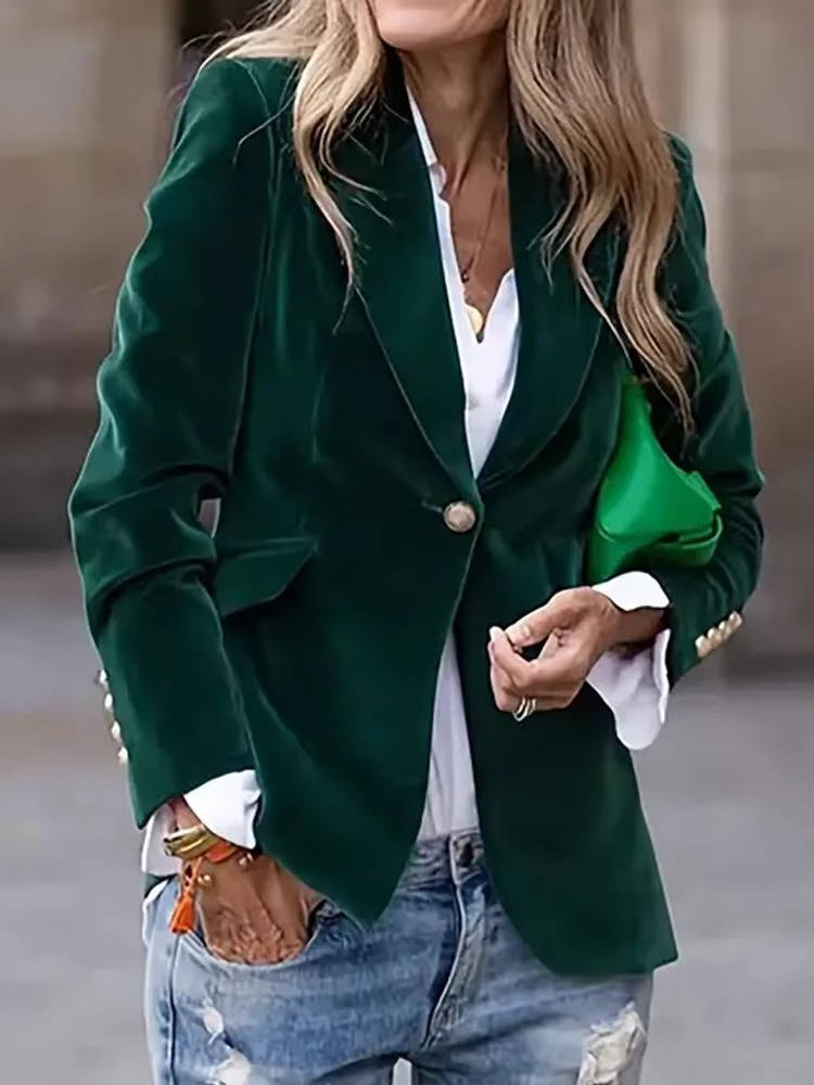 Women's Velvet Blazer with Gold Buttons and Structured Shoulders, Tailored Fit